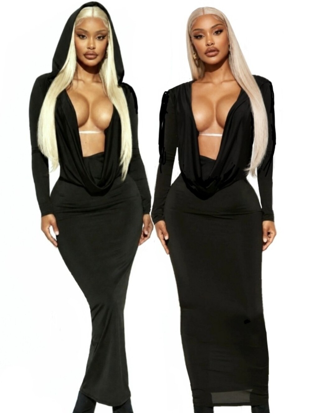 Fashion Nova deep down hooded maxi dress sexy blk morticia Addams vibe 1X NWT